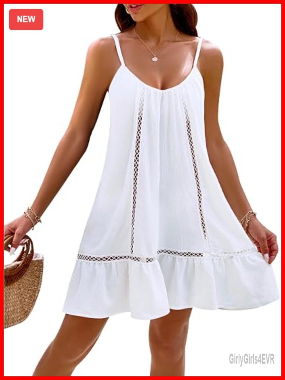 Swimsuit Cover Up with Adjustable Spaghetti Straps and Eyelet Trim